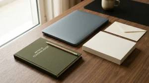 Secretária com portátil fechado, envelope sem marcas, folhas em branco e um caderno.