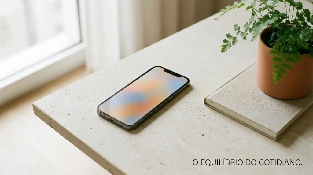 Telemóvel sobre uma mesa clara junto a um caderno fechado e a uma pequena planta.