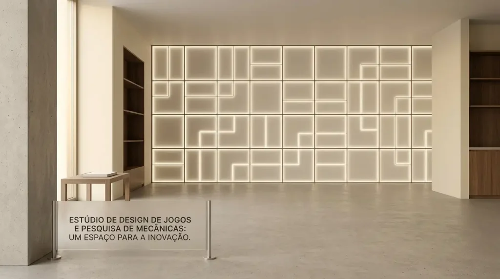 Interior geométrico vazio com luz suave, uma mesa de madeira e um caderno fechado.