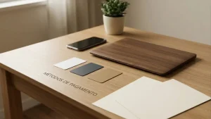 Mesa com cartões, telemóvel e folhas junto a um portátil fechado.